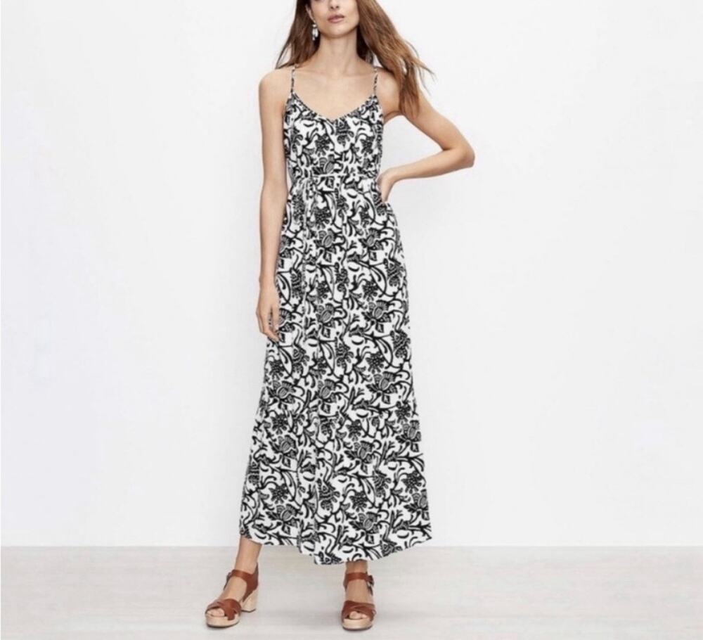 LOFT Floral Strappy Cross Back Maxi Dress Womens Large Black White FLowy Resort